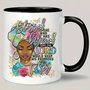 Ceramic coffee mug with black rim and handle featuring an inspirational faith art graphic design.