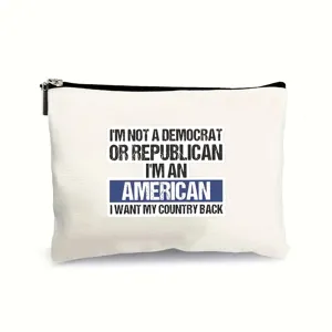 Bolsa cosmetica de lona blanca con estampado de eslogan americano para uso diario.