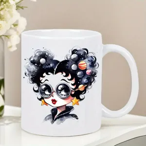 White ceramic coffee mug with cute space girl illustration, perfect for office and daily use.