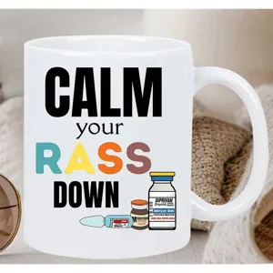 Funny medical themed ceramic coffee mug with custom typography, ideal for office and daily use.