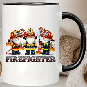 Ceramic coffee mug with cute firefighter gnomes design, black handle and rim, perfect office cup.