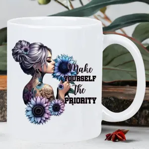 White ceramic coffee mug featuring stylish woman and sunflower art design for office use.