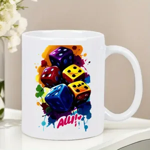 White ceramic coffee mug with colorful dice paint splatter graphic, office and home daily use cup.