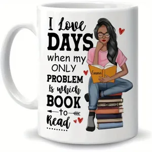 Custom printed ceramic coffee mug with cute reading girl illustration for office and home use.