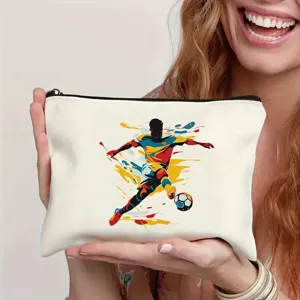 Bolsa de maquillaje con cremallera de lona estuche con diseño de jugador de fútbol abstracto.
