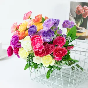 Artificial small rose bouquet multicolored flowers fake plants home wedding party decor.