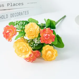 Artificial silk rose bouquet with 7 forks, fake flowers for home living room decor and table arrangement.
