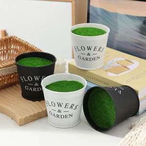 Decorative small flower pots with artificial green moss, black and white desktop plant pots