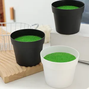 Detailed view of minimalist nordic plant pots with green moss, tabletop scene setup.