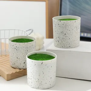 Detail shot of minimalist stone texture flower pots featuring green moss decor for indoor decor.