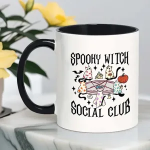 Taza de café de cerámica de Halloween con diseño de gatos fantasmas lindos, asa negra, oficina