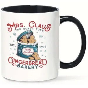 Hermosa taza de café de cerámica de pan de jengibre navideña con asa negra festiva