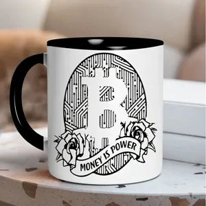 Zwart-witte keramische koffiemok met bitcoin-circuitpatroon en money is power-ontwerp.