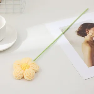 Handmade knitted yellow flower simulation plant single branch home decor wool fake floral ornament.