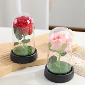 Preserved Rose Artificial Flower in Glass Dome with LED Light Warm Romantic Valentine's Day Gift Home Decor Table Ornament