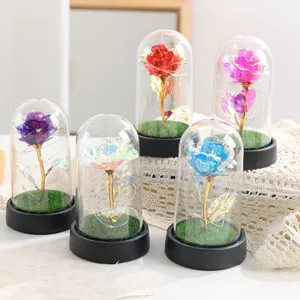 Galaxy artificial rose in glass dome with LED lights, perfect romantic gift for valentines.
