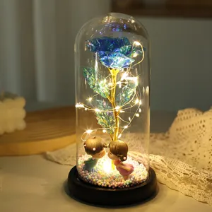 LED glass dome artificial rose with cute couple figurine and fairy lights main product view.