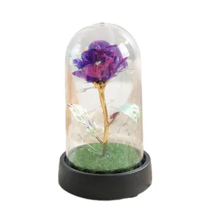 Galaxy artificial rose flower in glass dome with led lights valentine gift home decor