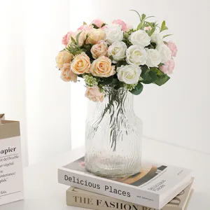 Artificial rose bouquet with glass vase, perfect for home living room and dining table decor.