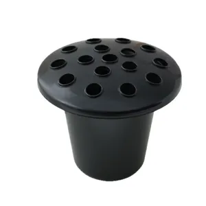 Black plastic cemetery flower vase with 16 holes cover, durable memorial insert pot for grave garden.