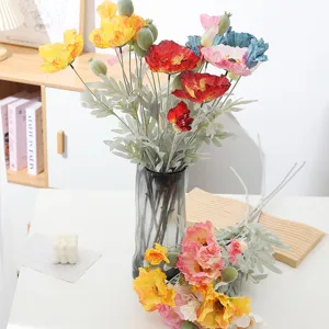 Artificial Poppy Flower Silk Flocked Six Heads Long Stem Fake Flowers For Home Decor Wedding Party Photography Props