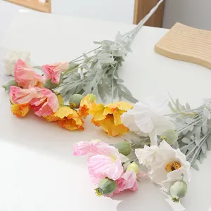 Artificial poppy flowers detail shot, flocked silk flower for home decoration and photo.