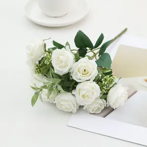 White artificial rose bouquet faux silk flowers for wedding home table decoration 10 heads