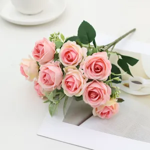 Artificial silk rose bouquet 10 heads pink fake flowers home wedding table decoration props