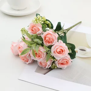 Artificial pink rose bouquet, 10 heads fake flowers for home wedding decor table centerpiece.