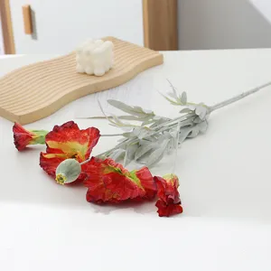 Artificial poppy flower detail, red silk petal and green flocked stem for home decor setup.