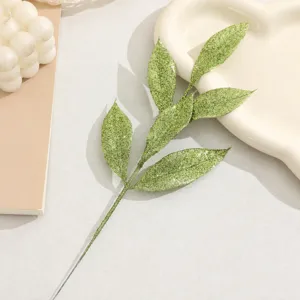 Christmas glitter artificial leaves stem 6 pieces green decorative plant branch DIY