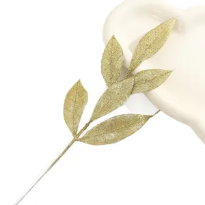 Gold glitter artificial leaves branch for Christmas tree wreath decoration and floral arrangements
