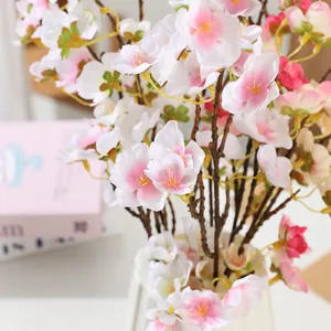 Artificial cherry blossom branches pink silk flowers faux plum floral for home wedding decor.