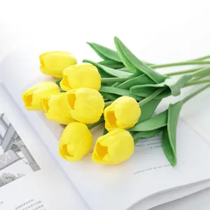 Artificial yellow PU tulip flower bouquet for home decoration and floral arrangements, lifelike.