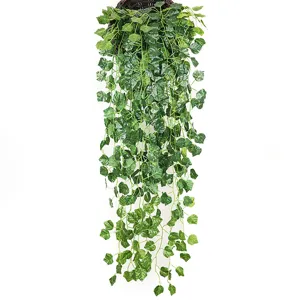 Detailed shot of artificial hanging ivy vine plant in basket for ceiling and wall home decor.