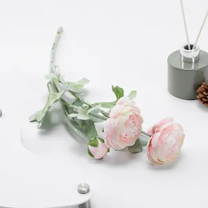 Three-head flocking ranunculus artificial flower detail, pink wedding decorative floral centerpiece.