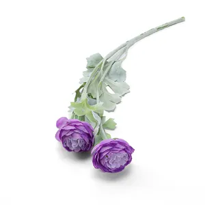 Three heads artificial purple ranunculus flowers fake floral bouquet for wedding and home decor