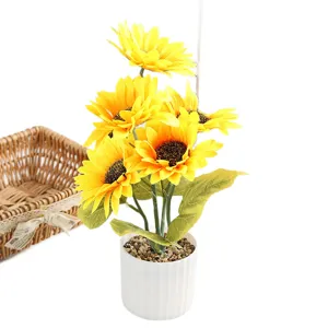 Artificial sunflower potted plant, fake flowers in white vertical stripe pot for home decor