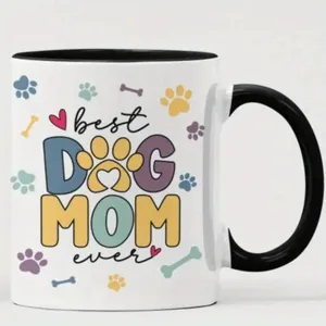Tasse à café en céramique avec motif maman de chien, anse noire, cadeau de bureau idéal.