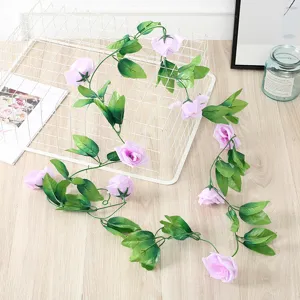 Artificial purple rose vine silk flower garland for wedding home wall decor details.