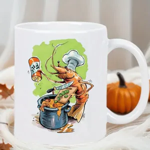 Λευκή κεραμική κούπα καφέ με χαριτωμένη εικονογράφηση σεφ γαρίδας, ιδανική για γραφείο.
