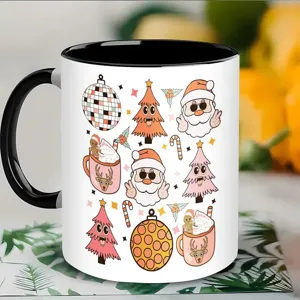 Retro Weihnachten Keramik Kaffeetasse mit lustigem Weihnachtsmann und Tannenbaum Motiv
