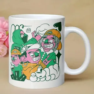 Tazza da caffe in ceramica con stampa graffiti cartoon, stoviglia da ufficio alla moda, bianco