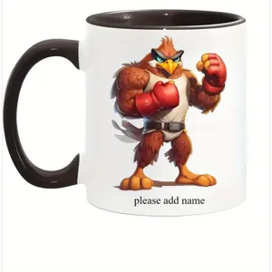 Keramik Kaffeetasse mit schwarzem Henkel und coolem Boxer-Vogel Grafikdesign personalisiert.
