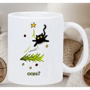 White ceramic coffee mug featuring a funny black cat illustration, perfect for office and home use.