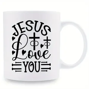 White ceramic coffee mug with Jesus Love You print, ideal for office or home daily use.