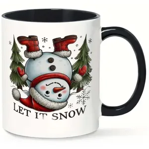 Taza de cerámica de muñeco de nieve navideño con asa negra para oficina y café.