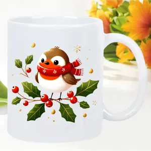 Detailed view of white ceramic coffee mug featuring cute Christmas robin bird and red berry print.