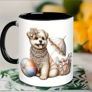 Nahaufnahme der Keramik Tasse mit süßem Welpen Motiv, schwarzem Henkel und Rand, hohe Qualität.
