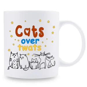 Weiße Keramik Kaffeetasse mit lustiger Katzen Illustration für das Büro und den täglichen Alltag